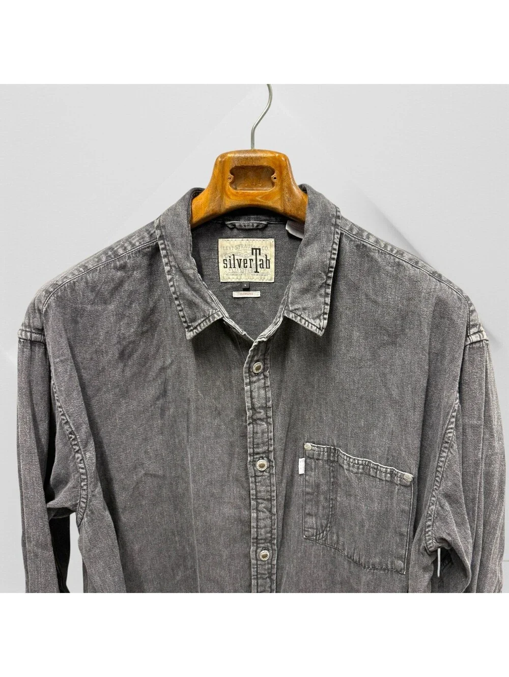 Levis Silvertab Denim Shirt Men L Black Medium Wash Oversized Baggy 90s Vintage